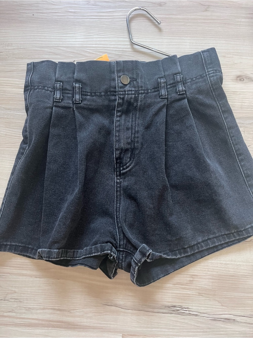 High-Waist Black Pleated Denim Shorts